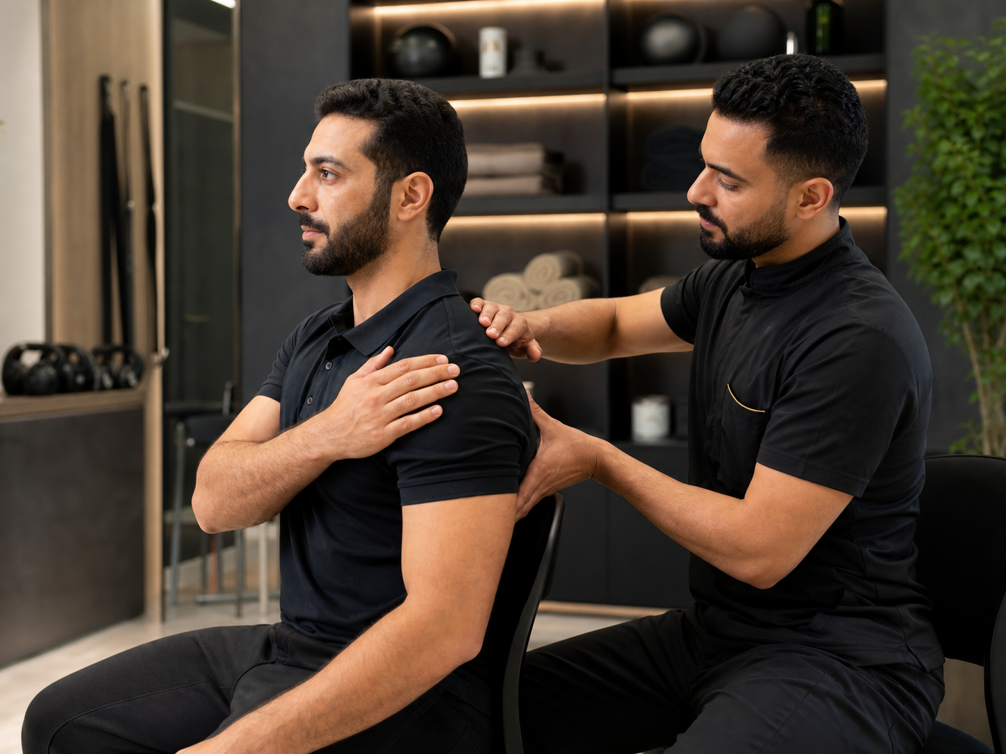 مختص رجل يقدم جلسة استشفاء عضلي لعميل رجل
